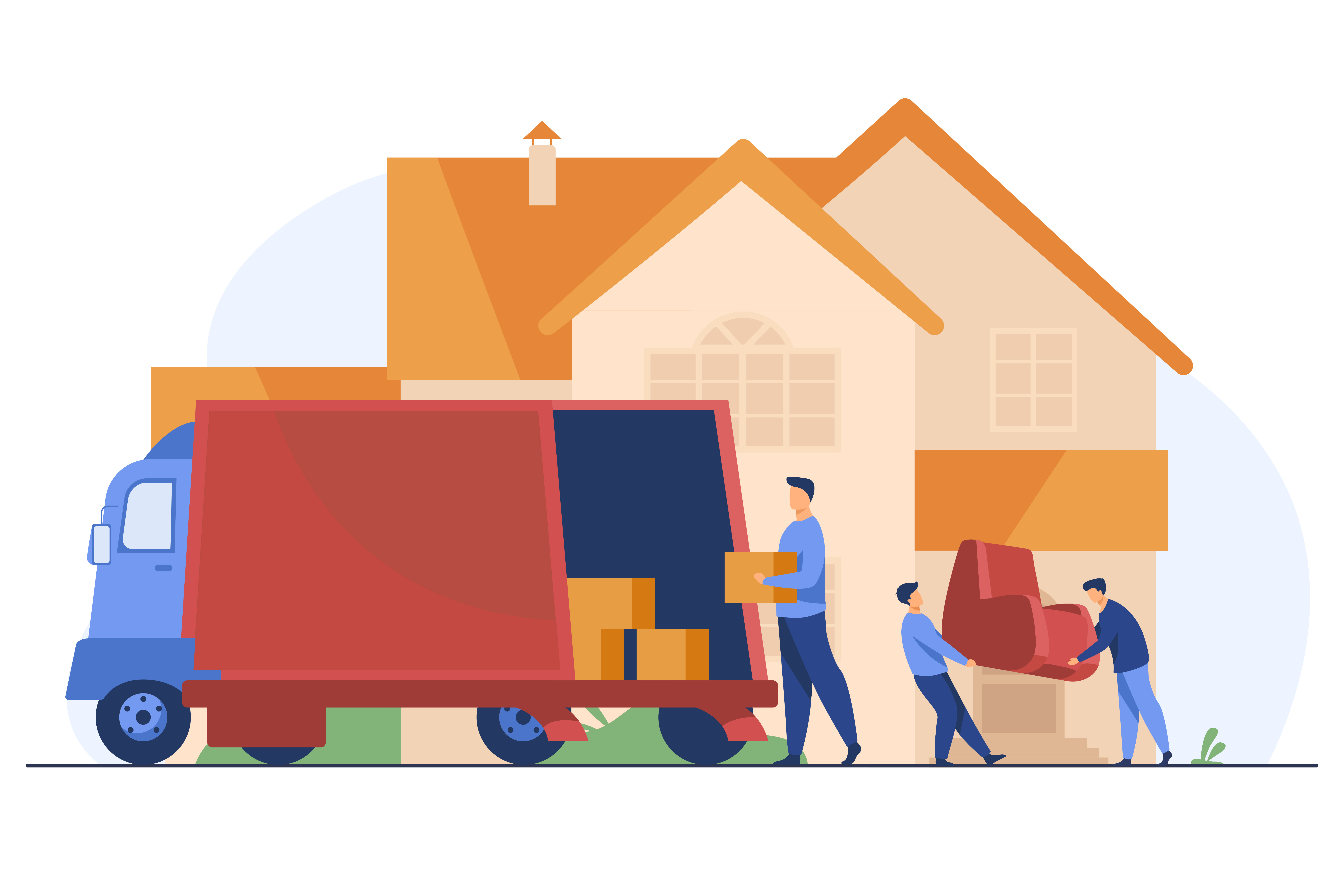 12291149 Loaders carrying armchair and boxes in new house